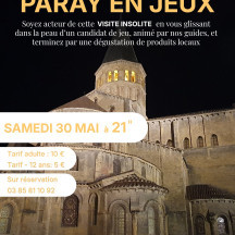 Une visite insolite… à vivre quand la nuit tombe à Paray-le-Monial !
Glissez-vous dans la peau d’un candidat de jeu et laissez-vous guider à travers une aventure mêlant culture, défis et bonne humeur. A la fin de cette visite, une dégustation de produits locaux vous attend !
Et pour finir en beauté : l'équipe gagnante aura la chance de participer au tirage au sort pour tenter de gagner un lot. En partenariat avec le_luceane_cafe !
Dates :
Samedi 30 mai à 21h
Lundi 20 juillet à 21h
Lundi 3 août à 21h
Samedi 19 septembre à 20h
Tarifs : 10 / 5 (réduit)
Réservation obligatoire :
03 85 81 10 92
contacttourisme-paraylemonial.fr