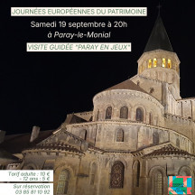A l’occasion des journées européennes du patrimoine, l’office de tourisme organise sa dernière visite insolite “Paray en jeux”. Soyez acteur de cette visite en vous glissant dans la peau d’un candidat de jeu, animé par nos guides, et terminez par une dégustation de produits locaux !
Samedi 19 septembre à 20h
Tarifs : 10/adulte & 5/ enfant -12 ans
Réservation obligatoire : 03 85 81 10 92