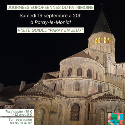 A l’occasion des journées européennes du patrimoine, l’office de tourisme organise sa dernière visite insolite “Paray en jeux”. Soyez acteur de cette visite en vous glissant dans la peau d’un candidat de jeu, animé par nos guides, et terminez par une dégustation de produits locaux !
Samedi 19 septembre à 20h
Tarifs : 10/adulte & 5/ enfant -12 ans
Réservation obligatoire : 03 85 81 10 92